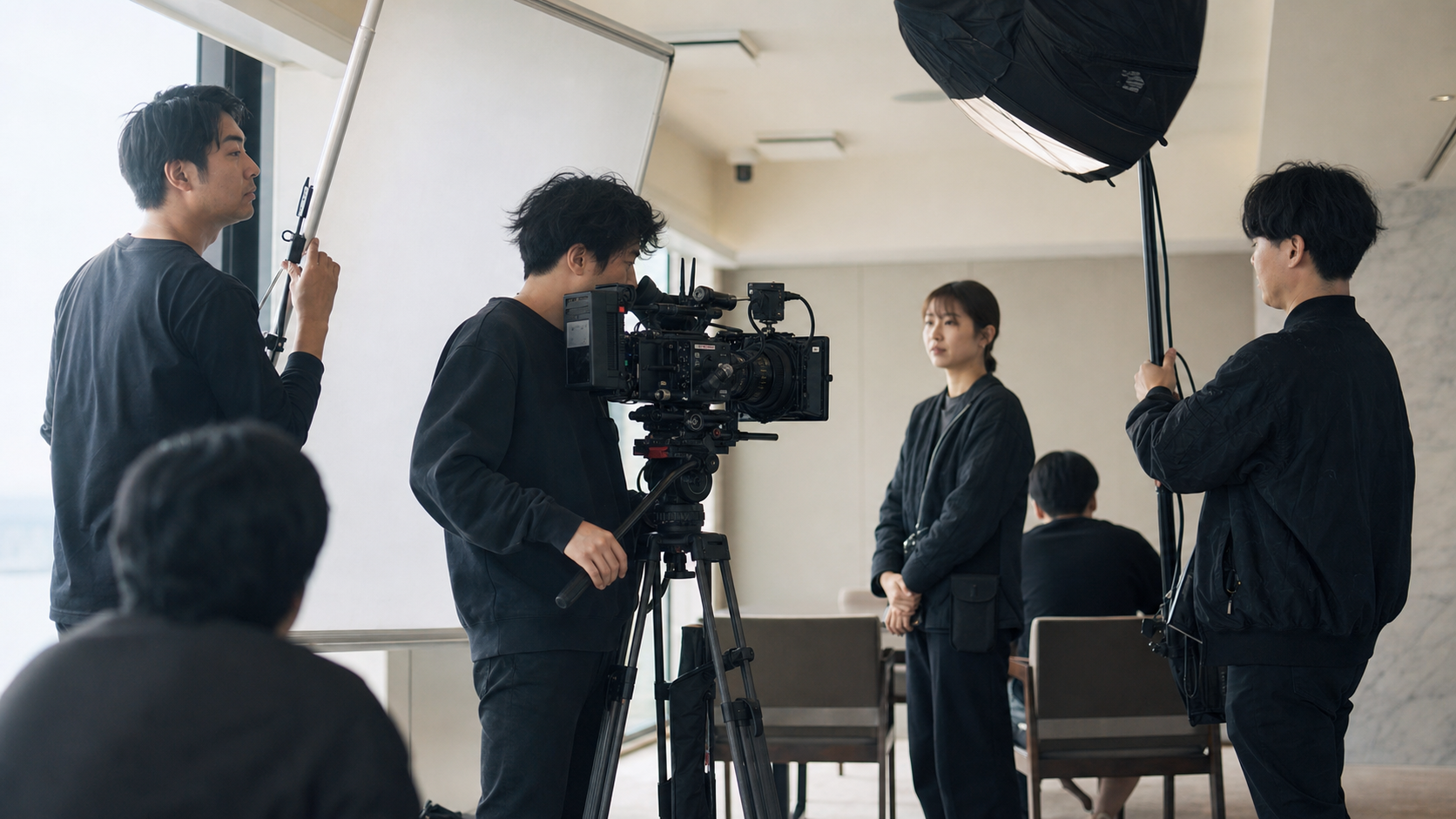 複数人のプロの映像制作チームが撮影現場でカメラと照明を使って連携している様子、落ち着いたビジネス感、自然光、ドキュメンタリー風