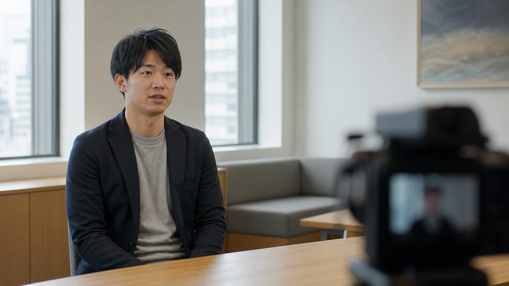 オフィスの会議室でカメラの前に座った社員が、少し緊張した表情でインタビューを受けている場面。自然光が入る落ち着いた室内、ドキュメンタリー風