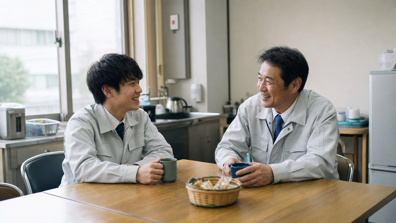 職場の休憩室で若手社員とベテラン社員が笑顔で会話している場面、自然光、ドキュメンタリー風