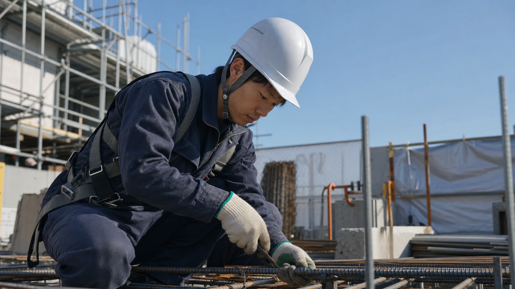建設現場で若手作業員がヘルメットをかぶって作業に集中している場面、晴天、ドキュメンタリー風