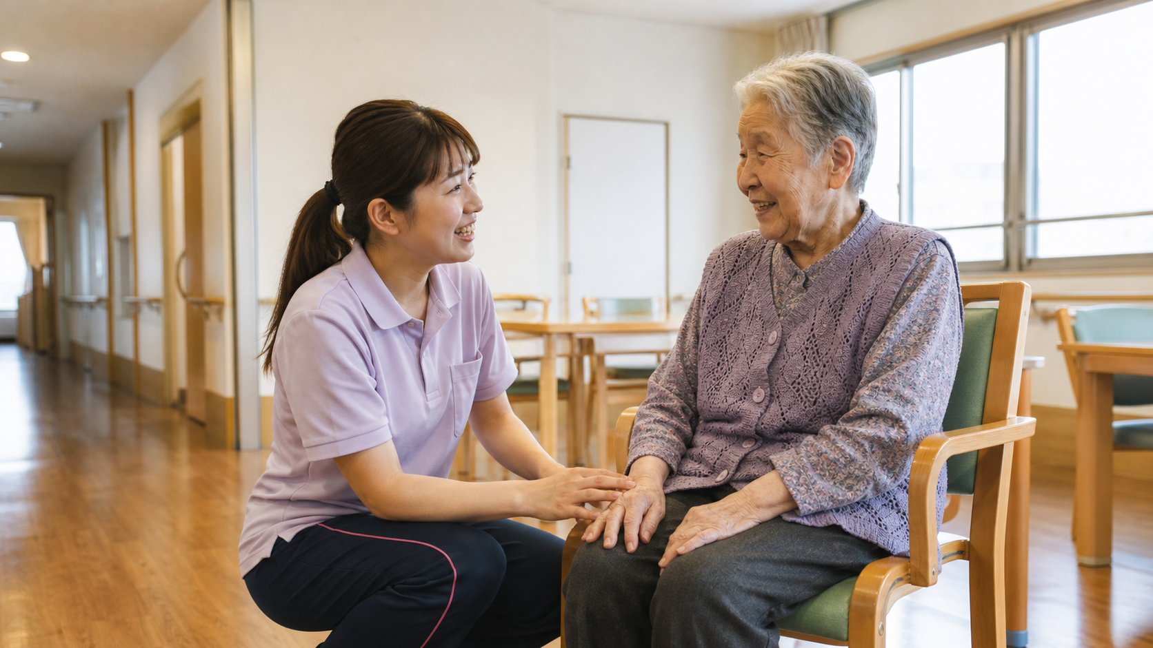 介護施設の明るいフロアで、スタッフが利用者に笑顔で話しかけている場面、自然光、ドキュメンタリー風