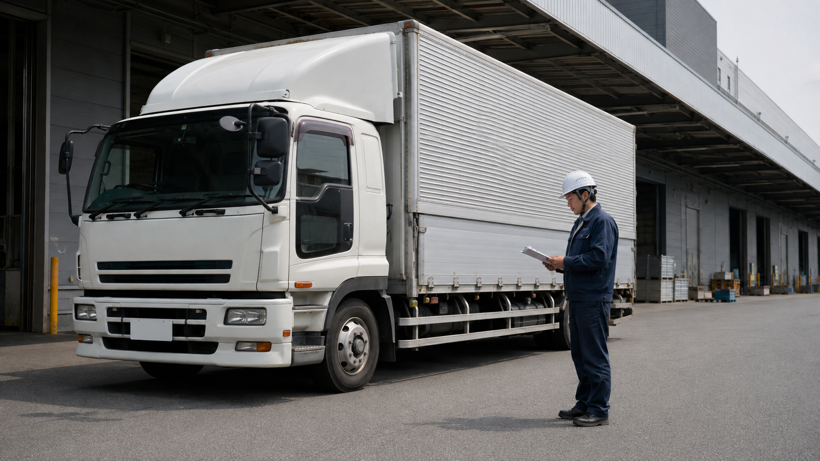 物流倉庫の前に大型トラックが停車し、ドライバーがチェックリストを確認している場面。自然光、落ち着いたドキュメンタリー風の雰囲気