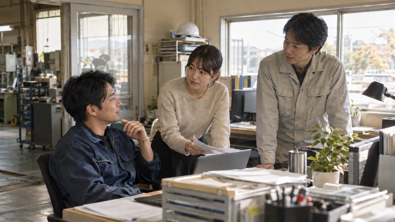 中小企業のオフィスや作業現場で、社員同士が自然に話し合っている場面。温かみのある自然光、ドキュメンタリーテイスト