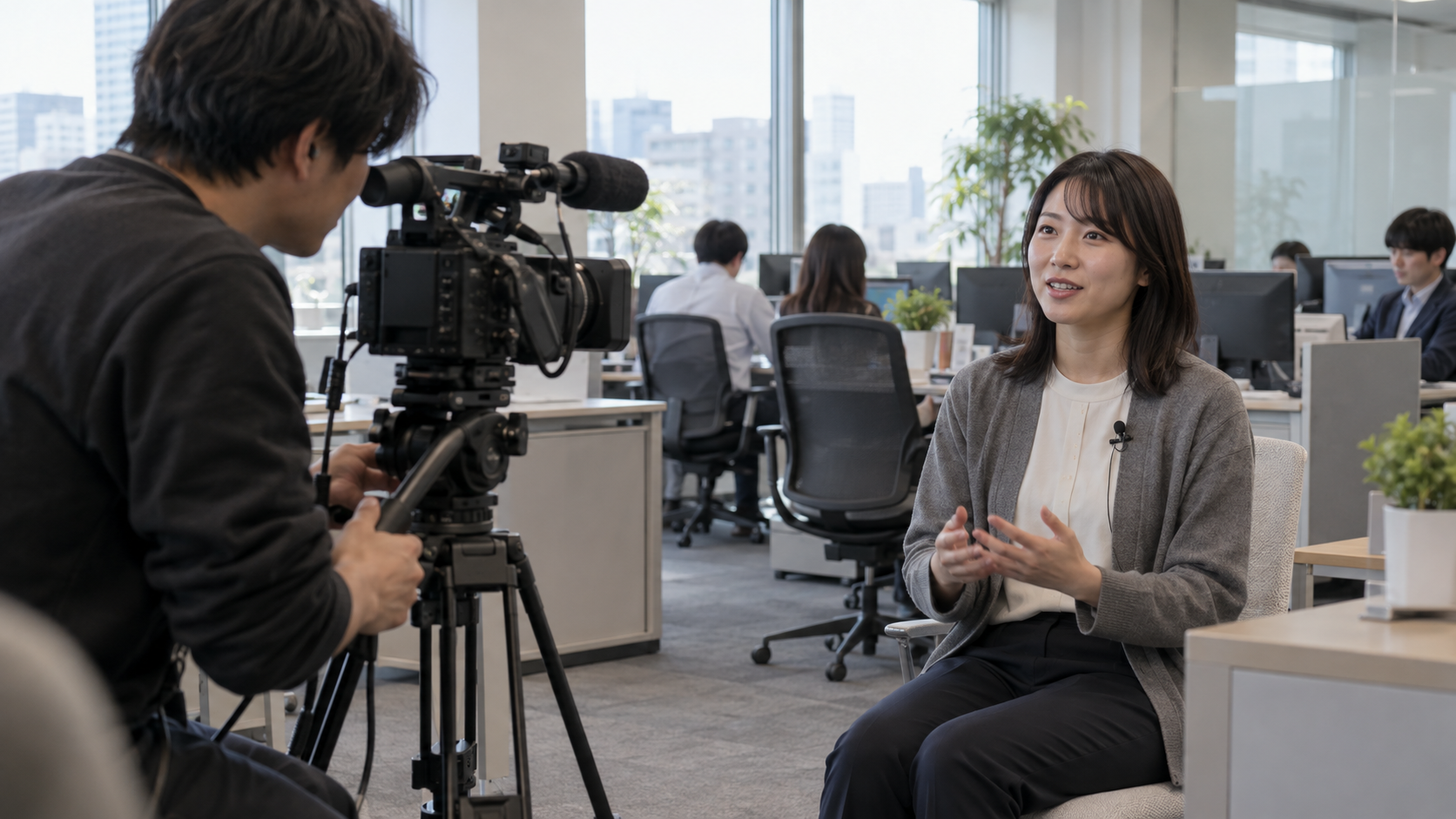 オフィスや職場で、カメラマンが社員にインタビューを行っている撮影現場の様子。自然光、落ち着いた雰囲気、ドキュメンタリー風