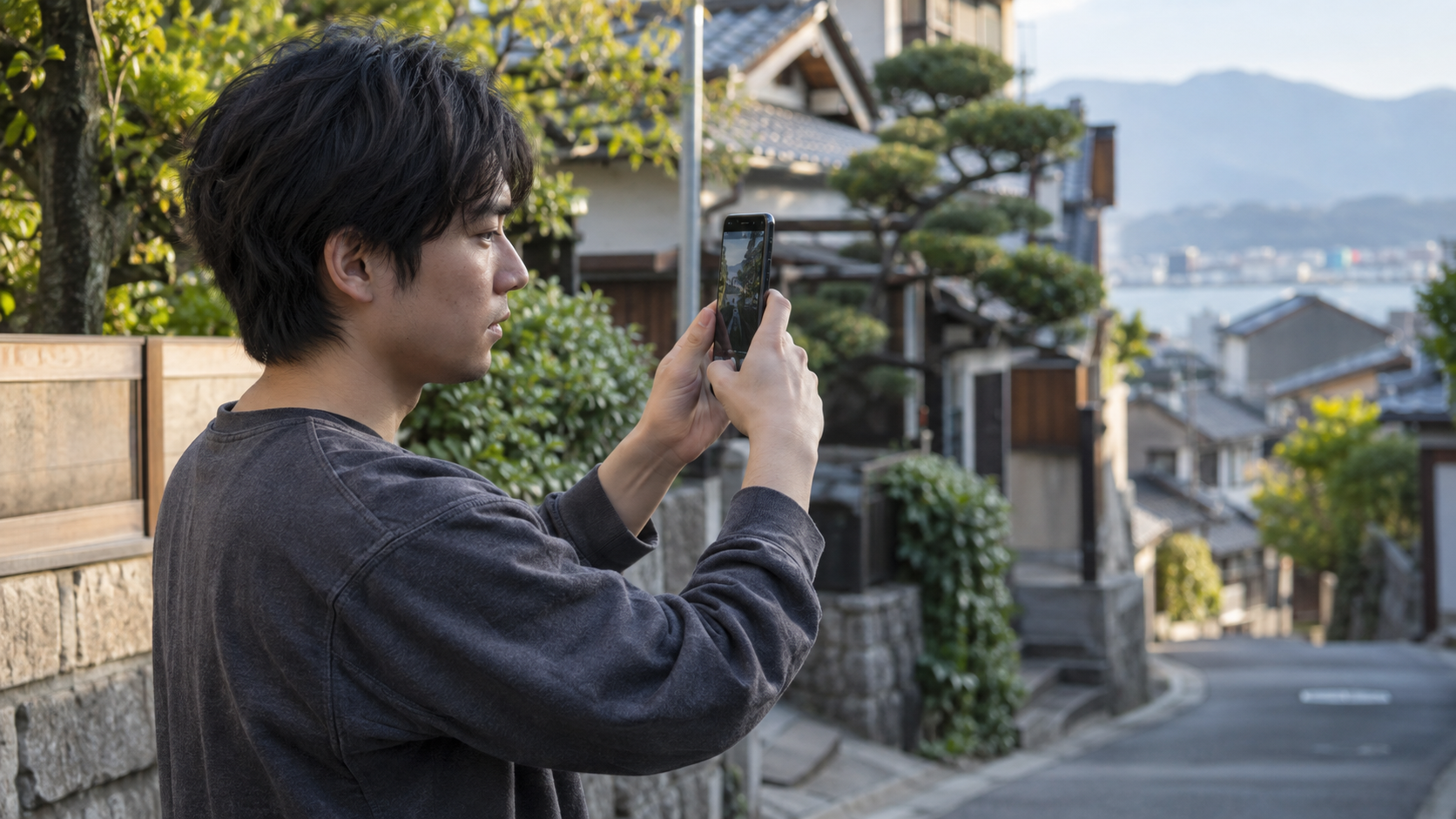 若い男性が屋外でスマートフォンを手に縦型動画を撮影している場面、自然光、カジュアルでドキュメンタリーな雰囲気