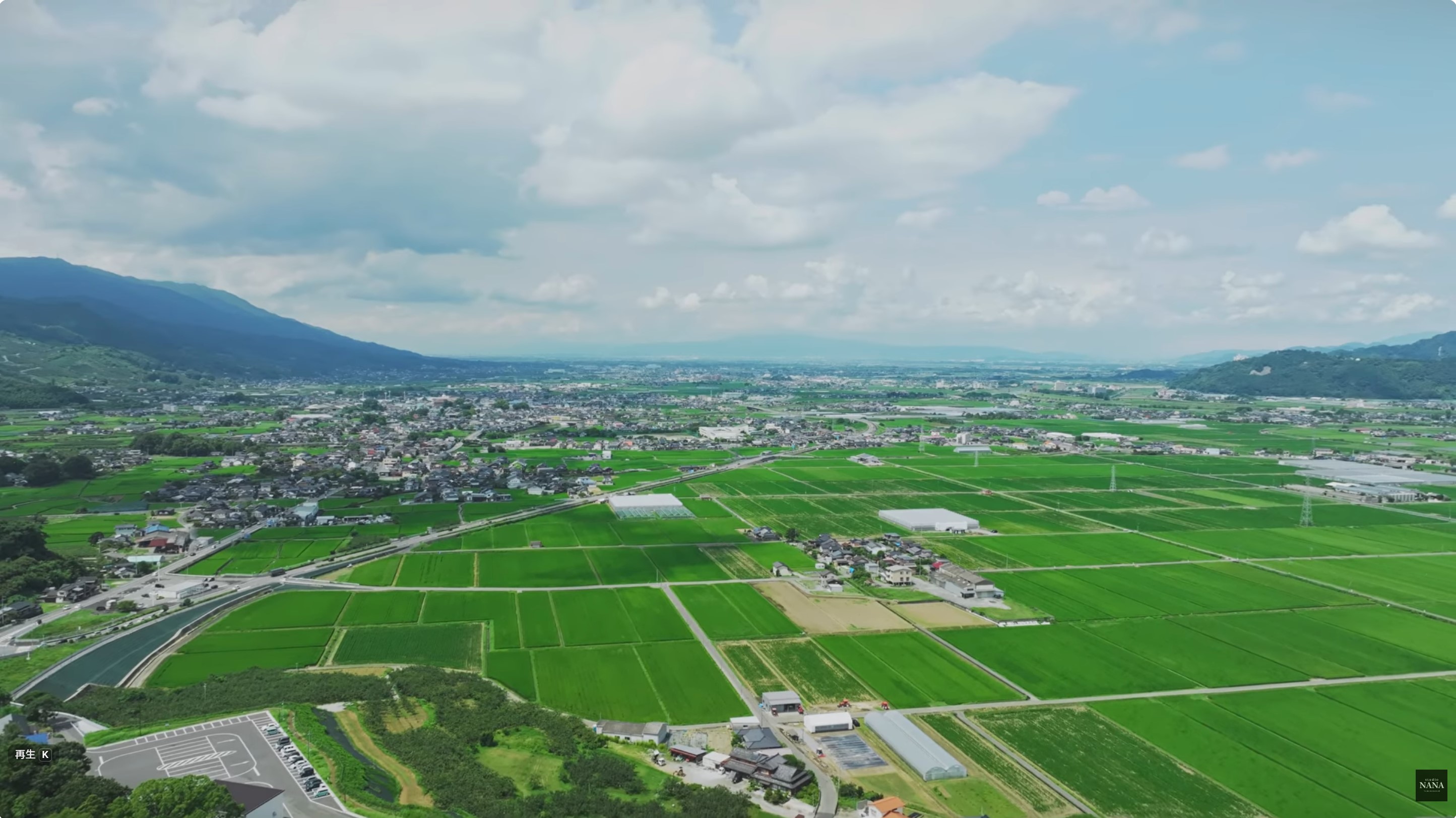 緑の水田が広がる農村地帯をドローンで空撮した夏の風景