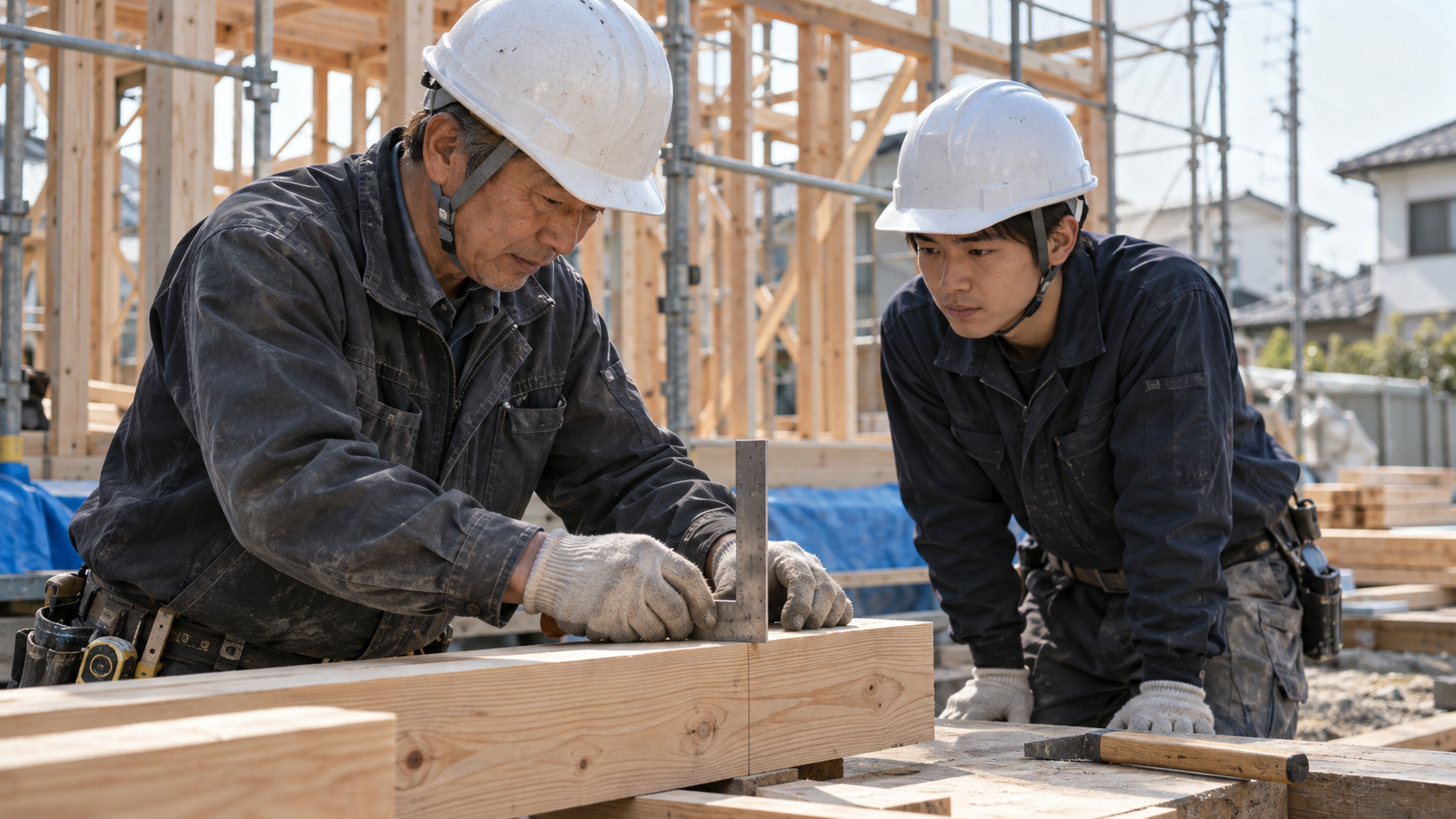建設現場で若手の職人がベテランから作業を教わっている場面。自然光の差し込む屋外、ドキュメンタリー風の雰囲気