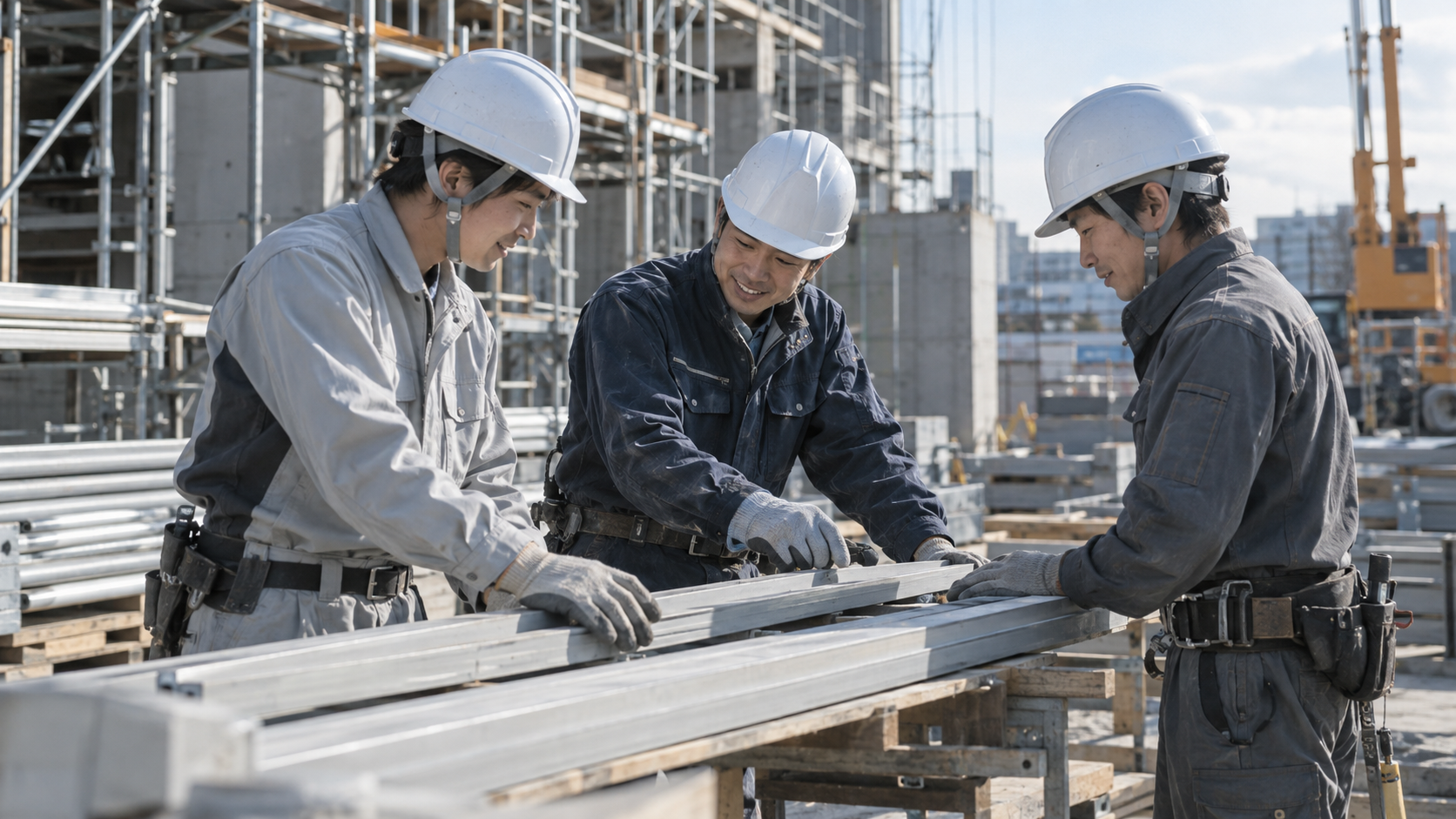 建設会社の現場で若手社員がヘルメットをかぶり、仲間と話しながら作業している場面。笑顔が自然に出ているドキュメンタリー風の写真