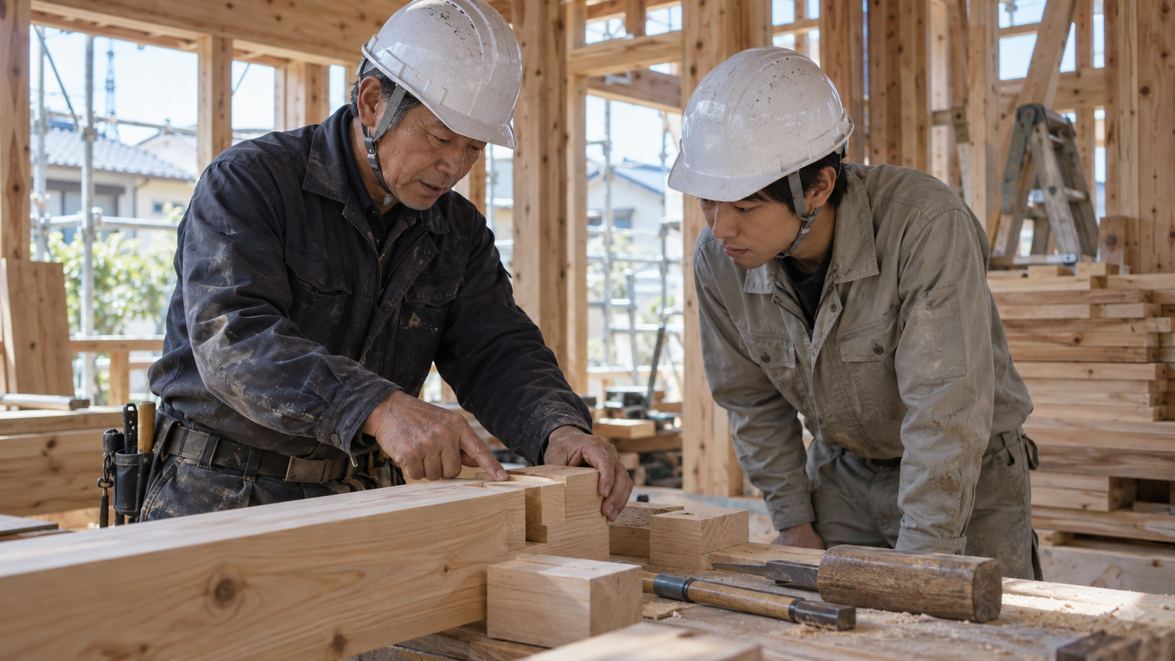 建設現場でベテランの職人が若手に作業を丁寧に教えている場面、自然光、ドキュメンタリー風の雰囲気