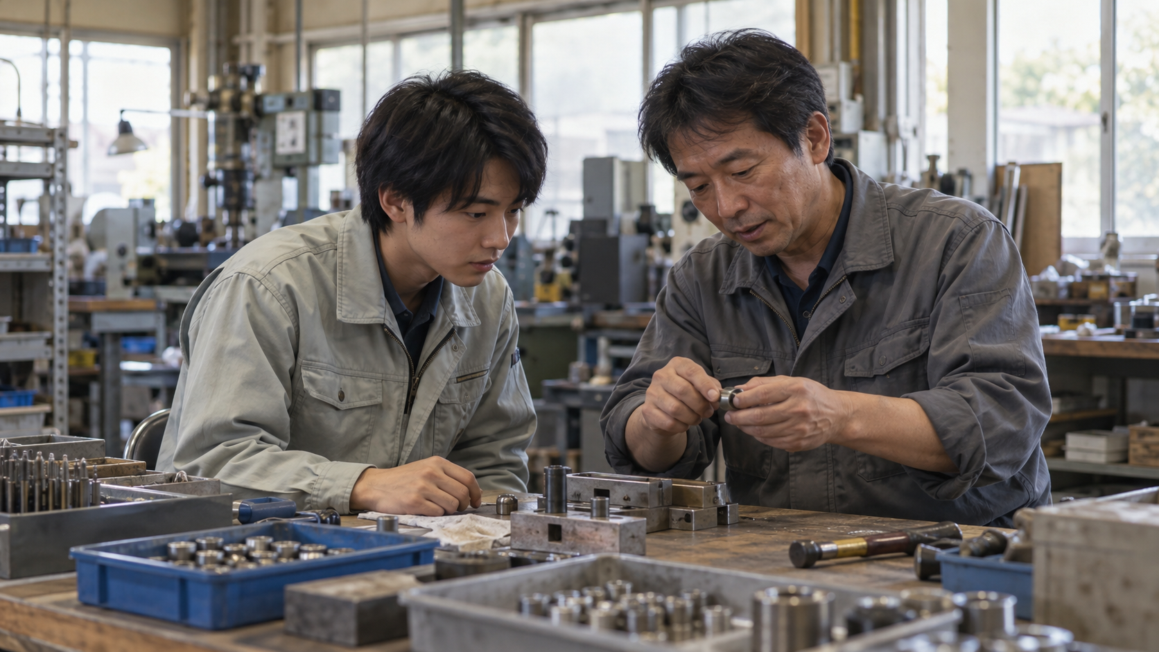 中小企業の現場で若手の社員が先輩から仕事を教わっている場面、ドキュメンタリー風、自然光、臨場感のある雰囲気