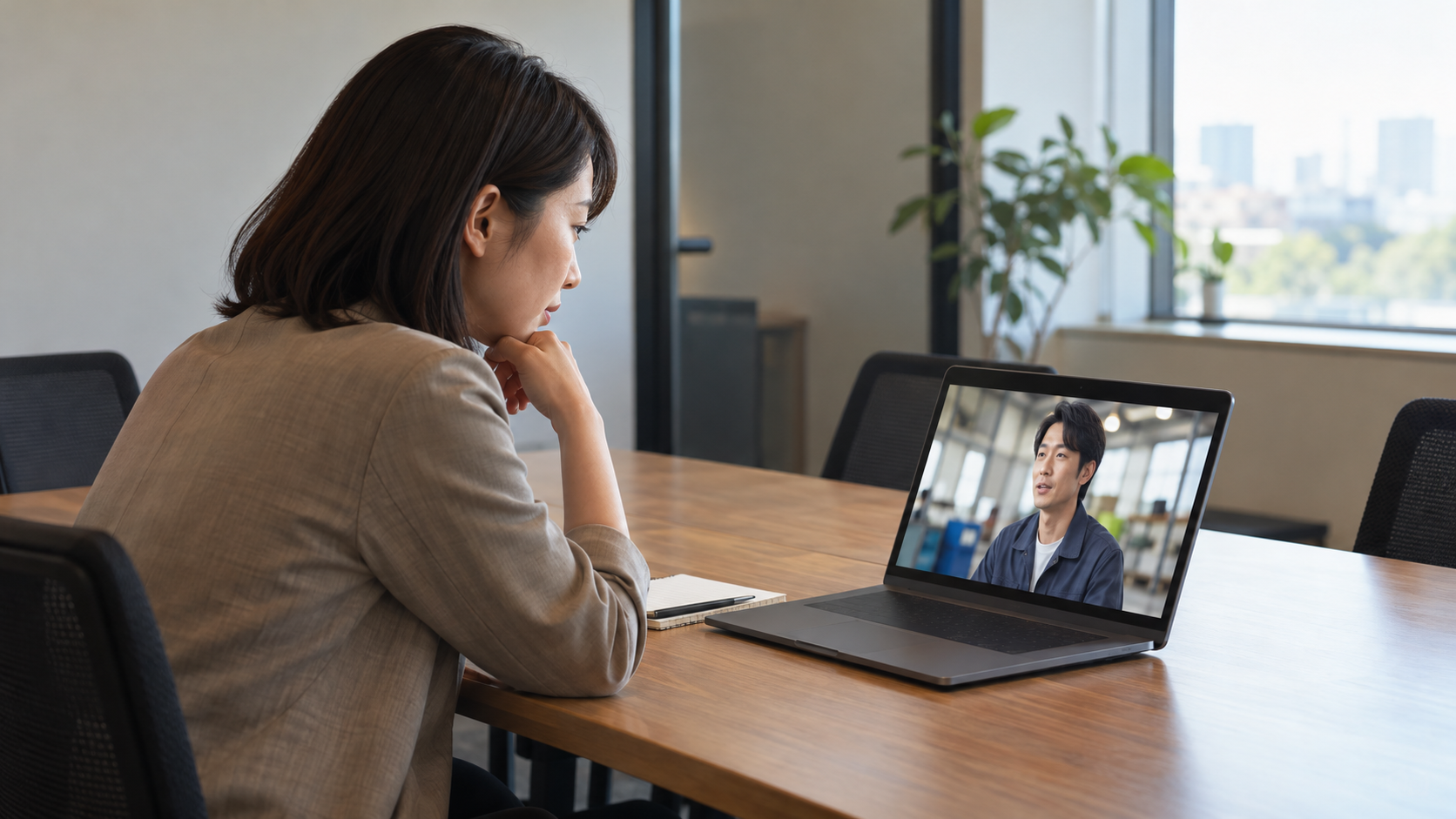 中小企業の採用担当者が会議室でノートパソコンを前に採用動画の内容を検討している場面、自然光、落ち着いた雰囲気