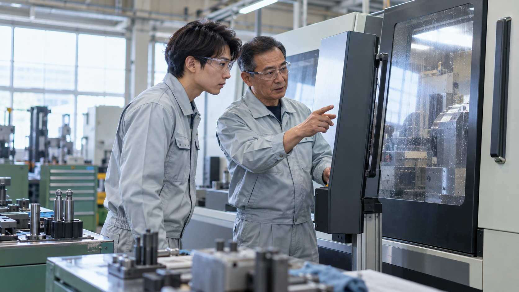 工場内で若手社員がベテランから機械操作を教わっている場面、整理整頓された明るい作業場、ドキュメンタリー風の自然光