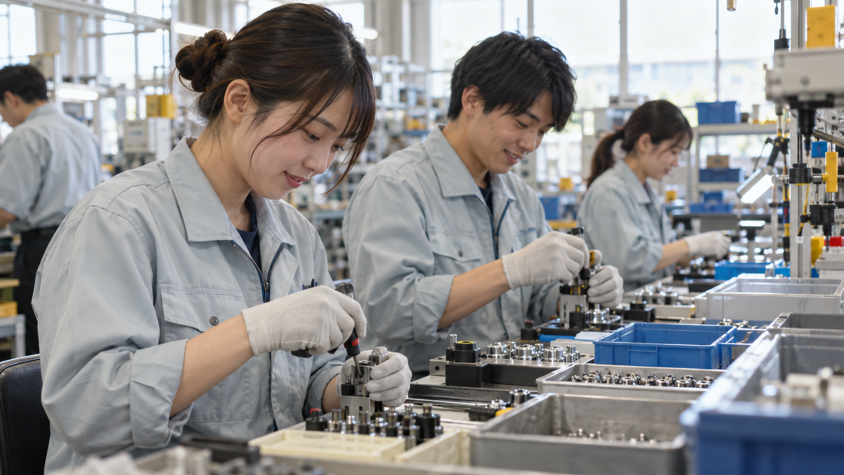 製造業の現場で若手社員が笑顔で作業している様子、明るく清潔な工場内、自然な表情のドキュメンタリー写真