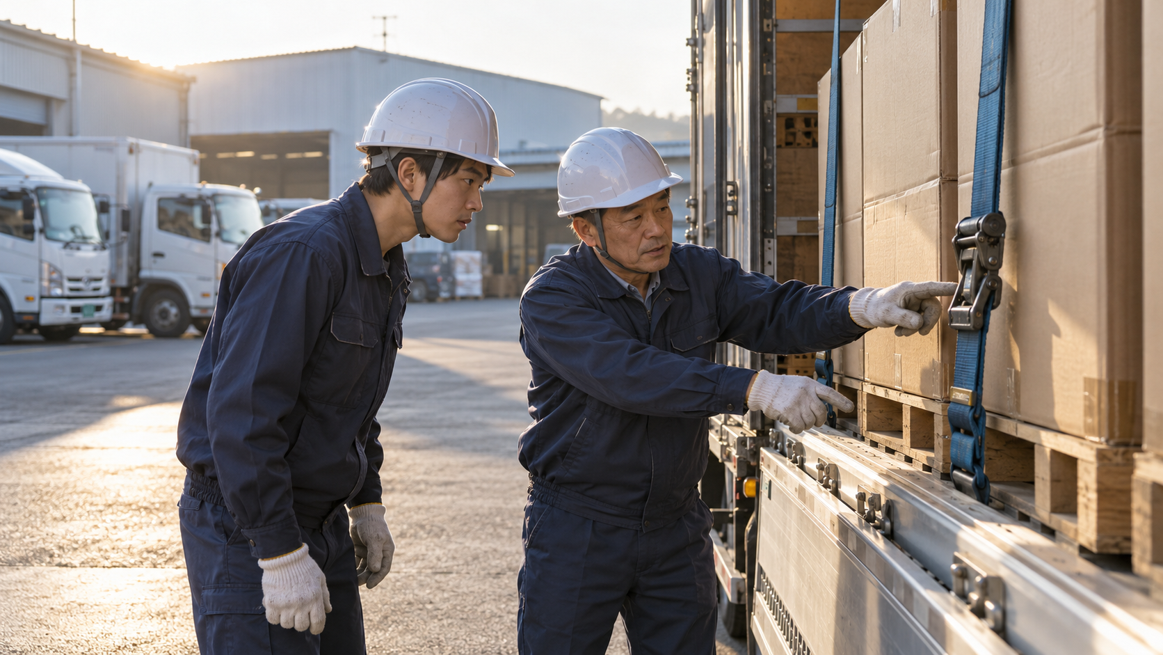 運送会社のトラックヤードで、ベテランドライバーが未経験の若手に積み荷の確認手順を教えている場面、朝の自然光、ドキュメンタリー風