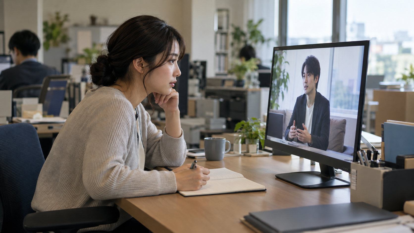 中小企業の事務所で、採用担当者がパソコン画面を見ながら採用動画の企画を考えている場面、自然光、落ち着いた雰囲気